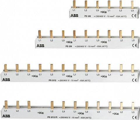 ABB 2-фаз. разрезаемые шинные разводки на 48 мод. для 2-полюсных устройств со вспомогательными элементами, сечение: 16 кв. мм.