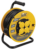 IEK Industrial plus УК50 Удлинитель на катушке 2P+РЕ, 4 розетки с крышкой, шнур 50м, 16A/230V